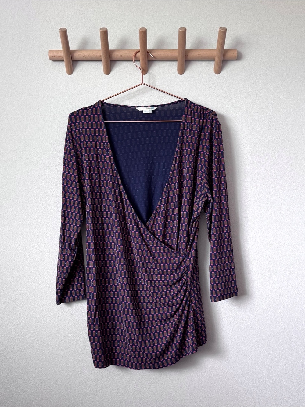 Boden Navy Top with Pink and tan Dot Print Wrap Top